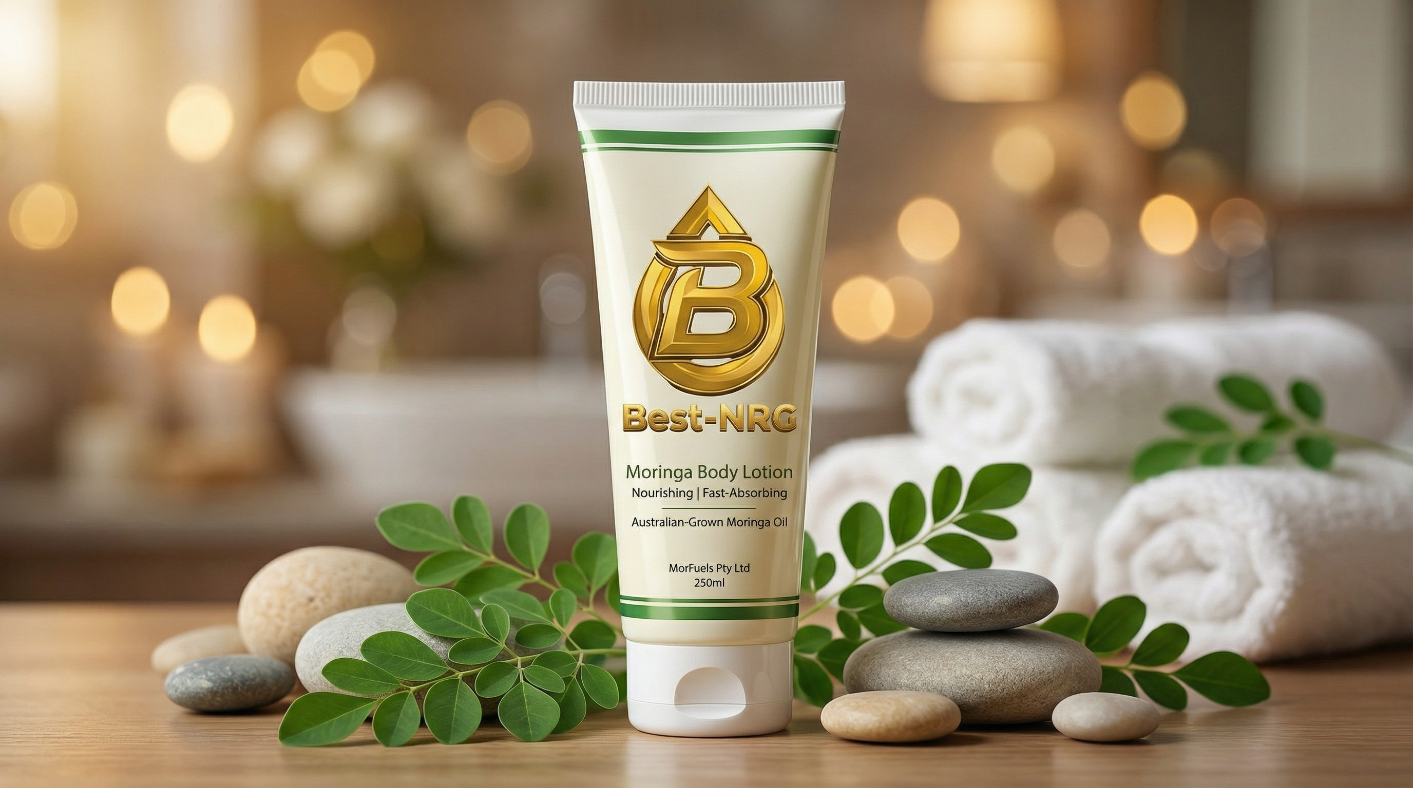 Best-NRG Moringa Body Lotion 250ml with Bdrop logo in spa setting with moringa leaves and stones