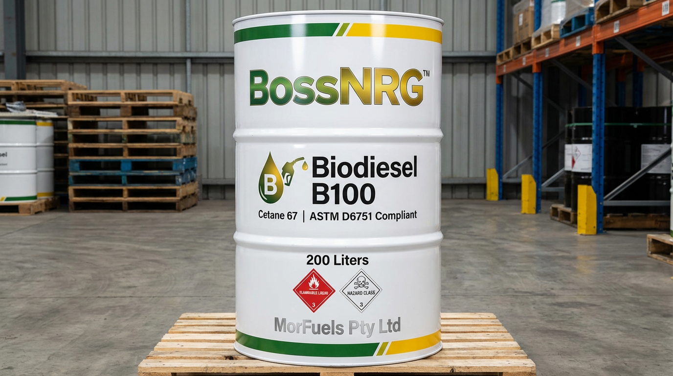 BossNRG Biodiesel B100 200-litre drum in warehouse