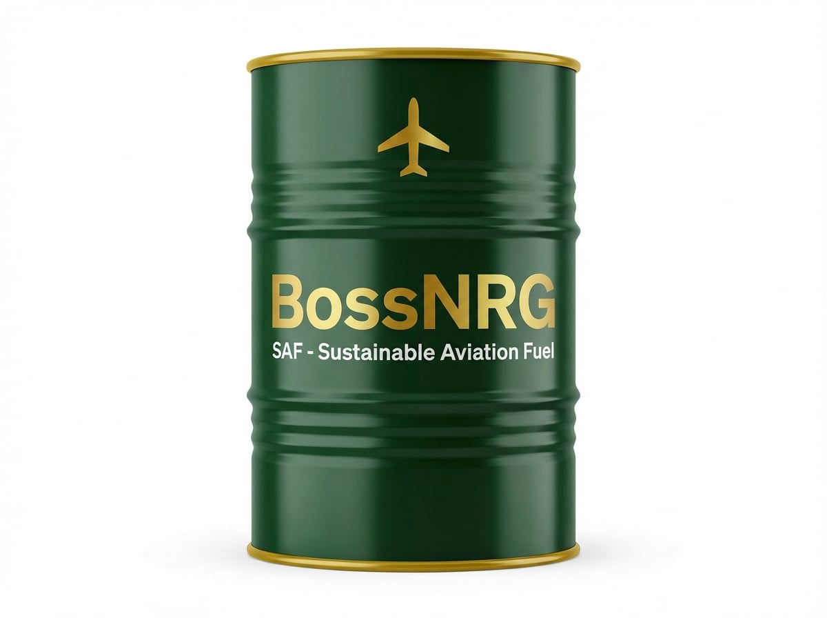 BossNRG Sustainable Aviation Fuel (SAF) branded 200-litre drum